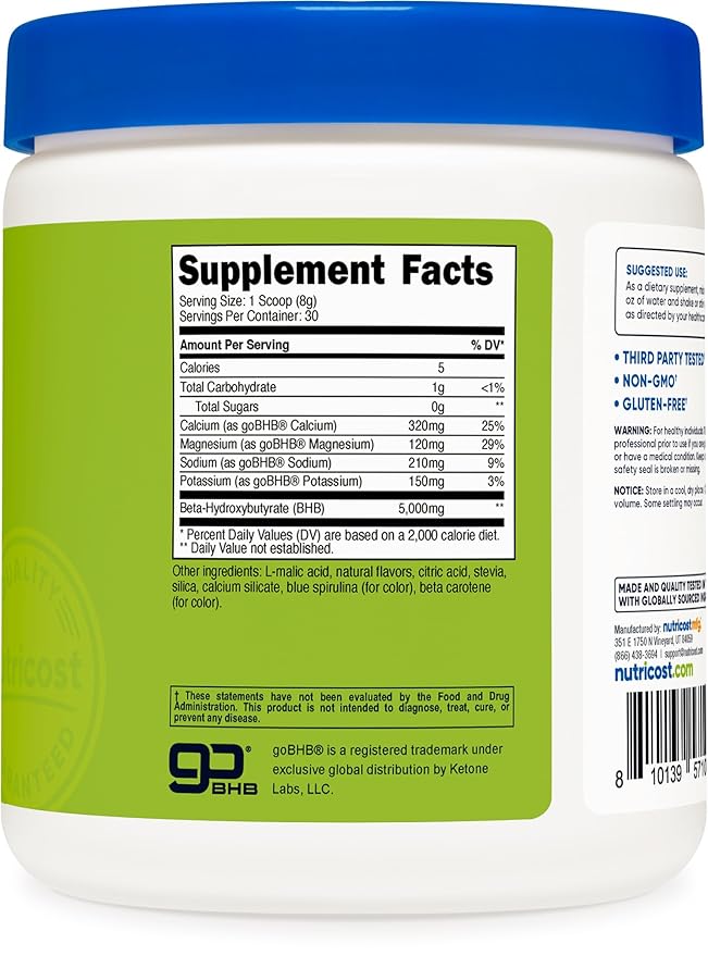 Nutricost BHB Salts Drink Mix (30 Servings, Green Apple Flavored) (5G BHB Per Serving) - 0G Total Sugars, Vegetarian Product