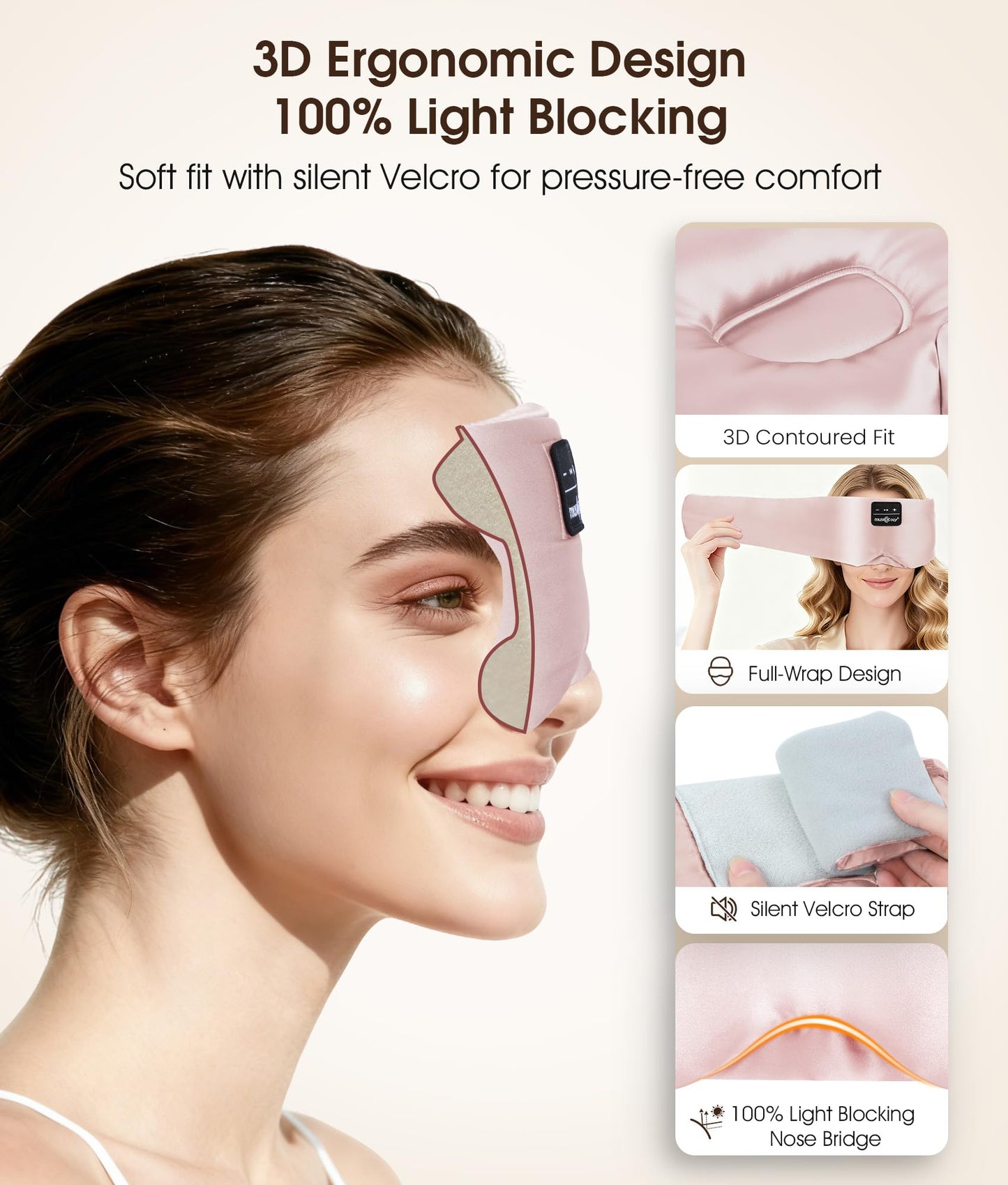 MUSICOZY 3D Silk Bluetooth Sleep Mask Headphones, Mulberry Silk Eye Mask with Ultra-Thin Wireless Speakers, Bluetooth 5.4 Sleeping Headphones for Side Sleepers, Music Sleep Mask Gifts for Men Women
