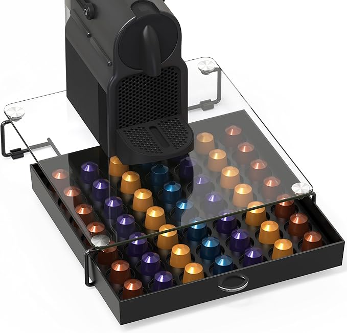 Deco Brothers Crystal Tempered Glass OriginalLine Pod Holder Drawer, 49 Capsule Organizer, Black
