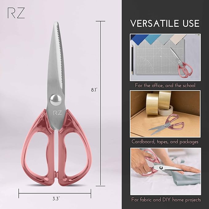 Rachel Zoe All Purpose Scissors, Scissors for Office, School or Art, Stainless Steel Sharp Shears with Large Handles, Dishwasher Safe (Pink/Silver)