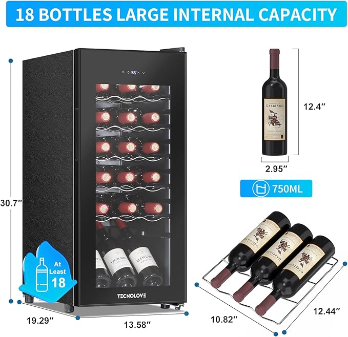 Wine Cooler with 41-68℉ Digital Temperature Control Stainless Steel 3.5 Cu.Ft 18 Bottle LED Light undercounter Glass Door Compressor Small Compact for Red, White and Champagne Beer