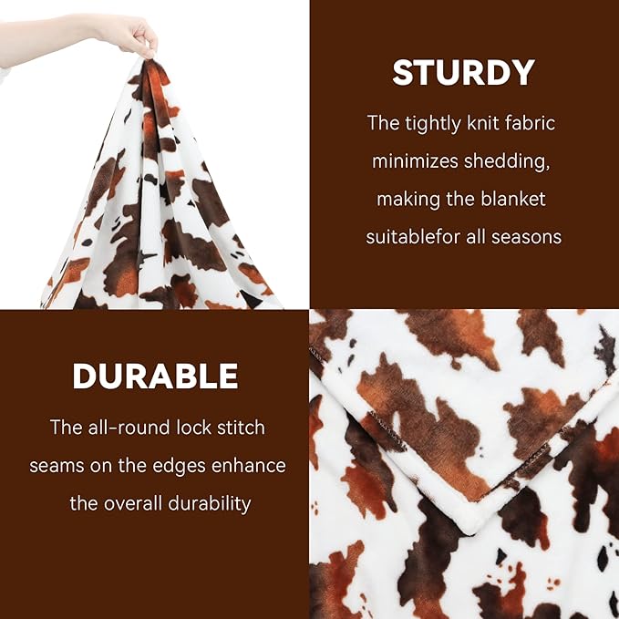 Cow Print Fleece Blanket - Brown White Plush Throw, Lightweight Bed Couch Decor, Cute Cow Gifts for Women, Girls, Teens 50"x60"