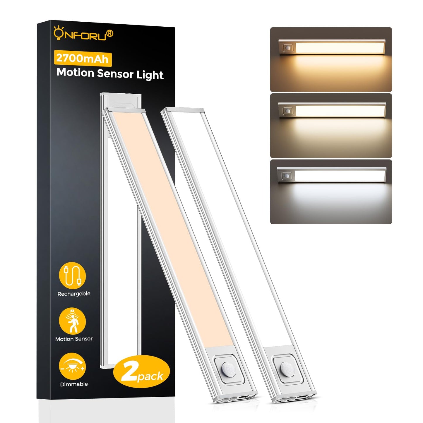 Onforu 13.8 Under Cabinet Lighting  2700Mah Usb-C Rechargeable  Motion Sensor Under Cabinet Lights With 3 Color & Dimmable  Magnetic Under Counter Lights For Kitchen  Closet  2 Pack