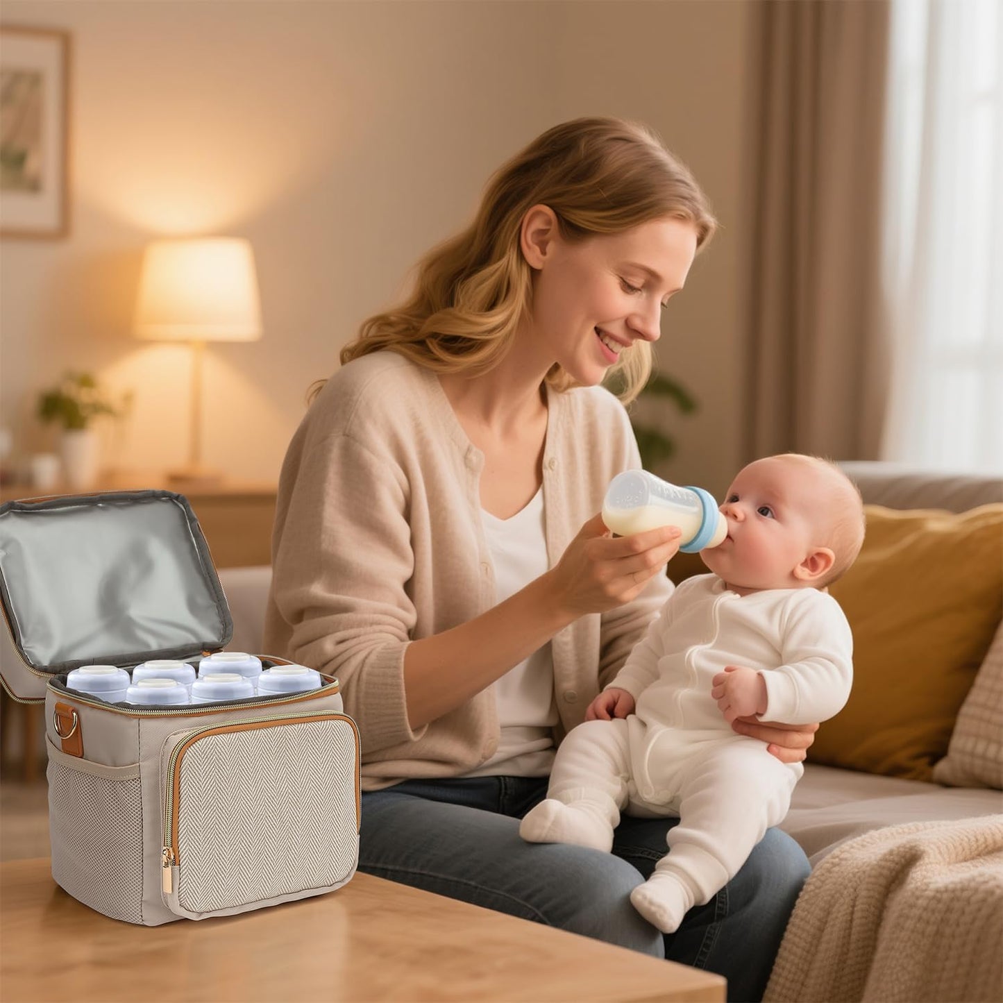Double Layer Breastmilk Cooler Bag with Ice Pack Insulated Travel Bag for Baby Bottle Breast Milk Storage & Feeding Fits 6 Bottles Up to 9 Ounces Portable Leakproof Bottle Bag for Travel Daycare Beige
