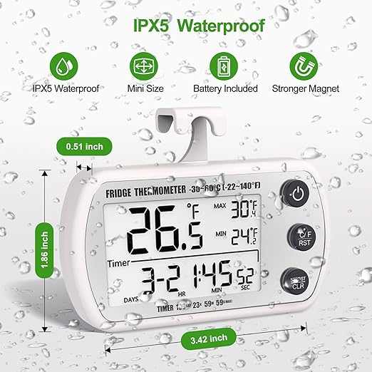 Digital Refrigerator Thermometer 2 Pack, Waterproof Fridge Thermometer, 2.25IN Large Screen Freezer Thermometer, Max/Min Record Function,Timer Function(White)