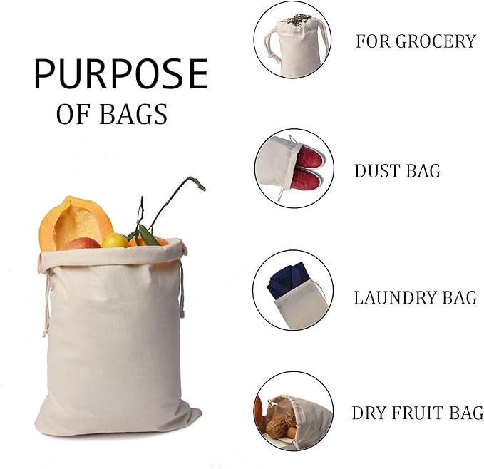 Cotton Muslin Bags, 100% Organic Cotton with Double Drawstring. Premium Quality Reusable Eco-Friendly Natural Muslin Bags. (50, 8x12 Inches)