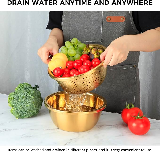Snailhouse Colander with Mixing Bowl, 2QT 304 Stainless Steel Kitchen Rice Pasta Strainer for Washing Vegetables and Fruit, Gold