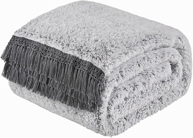 EMME Fuzzy Blanket Soft Fleece Throw Blankets for Women, Fluffy Sherpa Throws(Tassel Grey,108"x90")