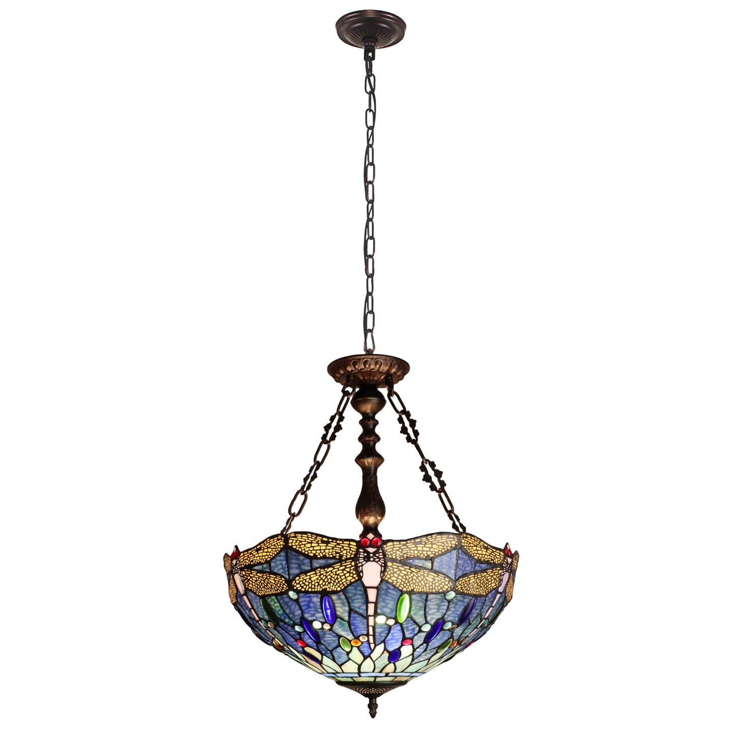Chloe Lighting Dragonfly Tiffany-Style Inverted Ceiling Pendant 3-Light 18in Shade Multicolor Model CH3T524BD18-UP3