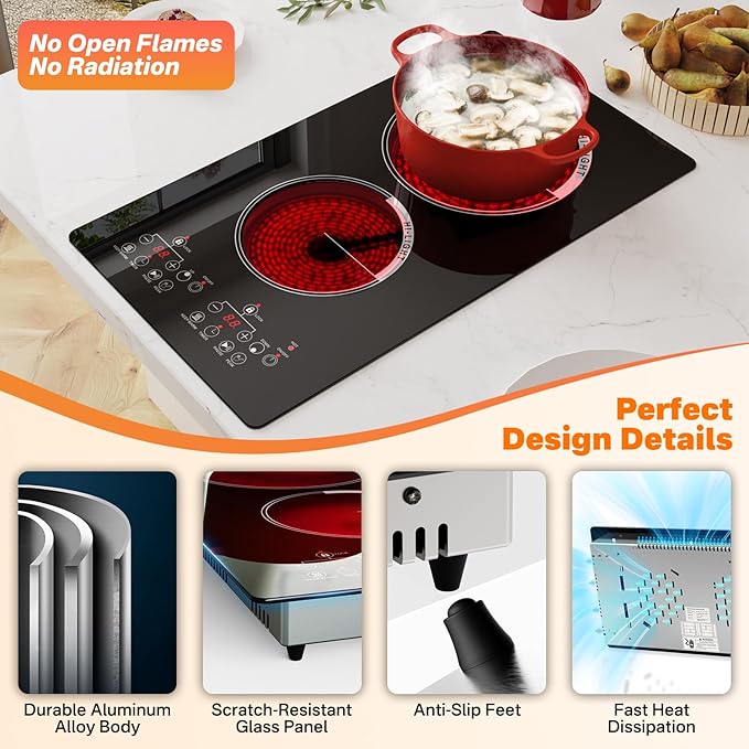 Alemania 12 inch Electric Cooktop 2 Burner Infrared Stove, 2000W Plug in Hotplate Double Heating Elements Stove for Cooking, 120V Ceramic Hot Plate, Built-in and Countertop Compatible