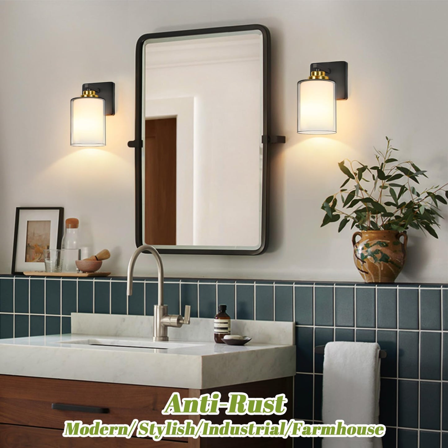 Set Of 2 Wall Sconces For Bathroom  Modern Vanity Light Fixtures  Black & Gold Wall Mount Lighting Lanterns  Farmhouse Wall Lights With Double Clear Glass Shade For Bedroom Living Room Mirror Hallway