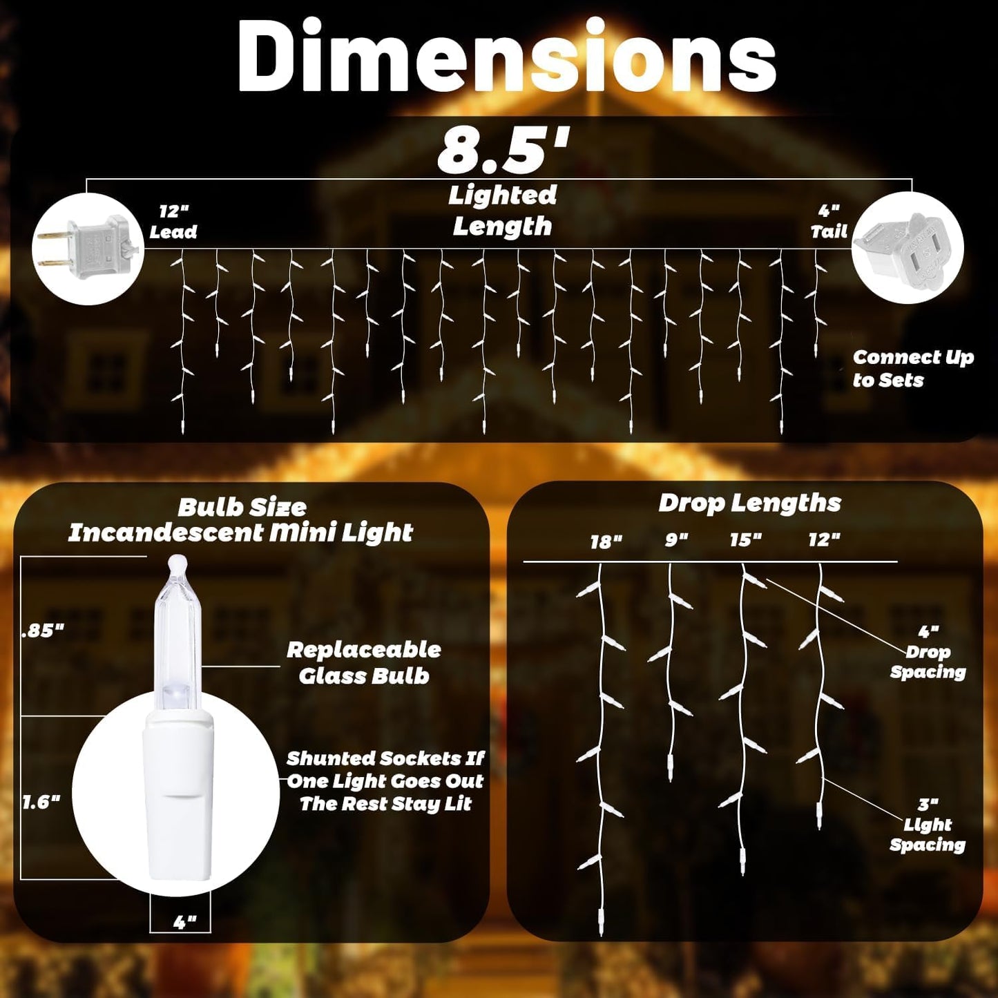8.5 Ft 150 Icicle Lights Christmas String Lights Warmwhite Christmas Decorations Plug In Waterproof Outdoor Indoor Decor For Xmas  Thanksgiving Day  Party  Patio  Courtyard  Window  Fence Decor