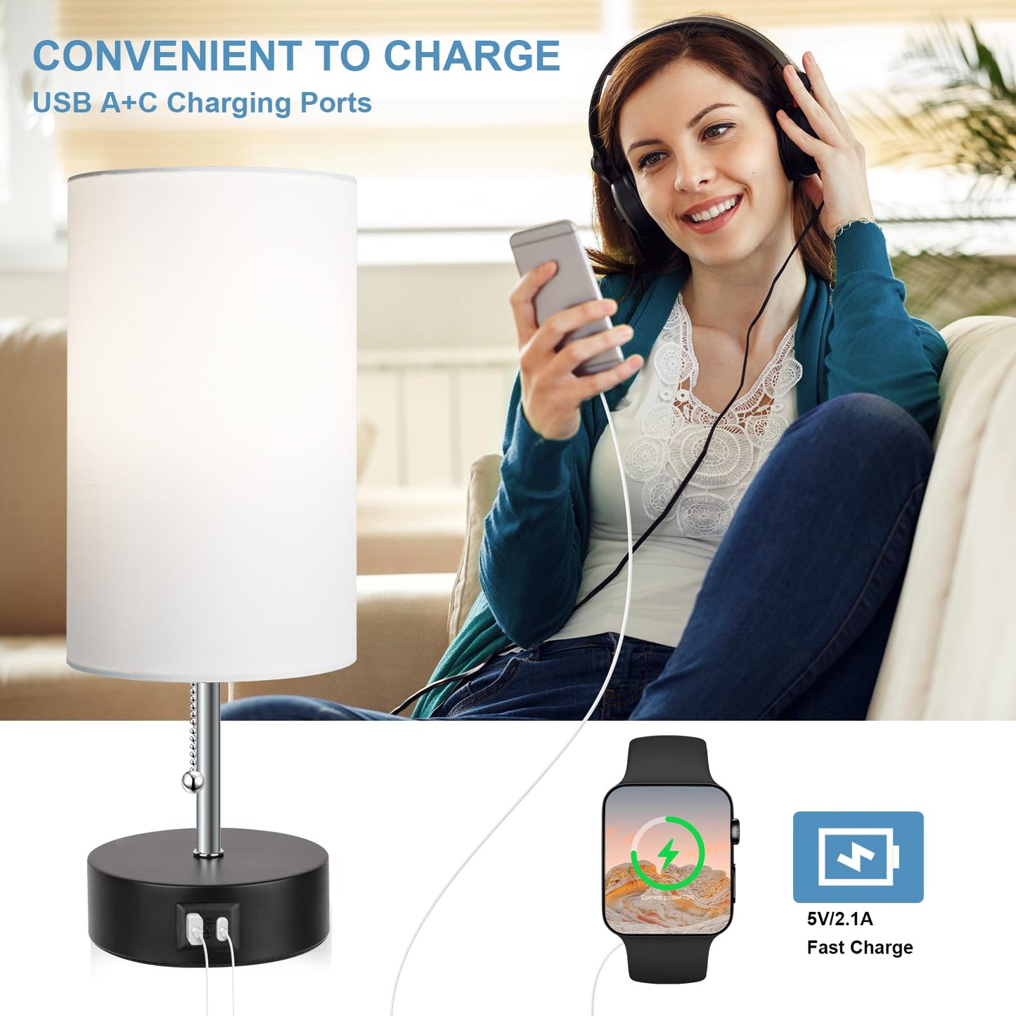 ROTTOGOON Bedside Lamp with USB Port & AC Outlet, 3-Color Temperature, White, Metal