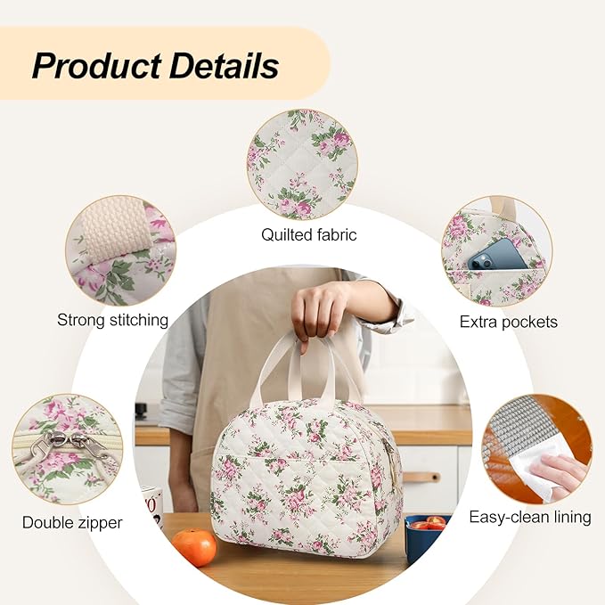 Lunch Box for Women,Cute Quilted Lunch Tote Bag,Reusable Insulated Lunch Box,Large Capacity Cooler Bag with Compartments for Work, Picnics or Travelling