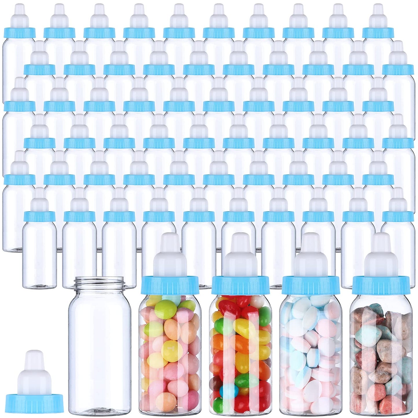 PINKXHY 60 Pcs 4.5 Inch Baby Mini Milk Bottle Baby Shower Favor Fillable Feeding Bottle Candy Box Small Plastic Candy Container DIY Gift for Boy Girl Newborn Baptism Party Decor (Blue)