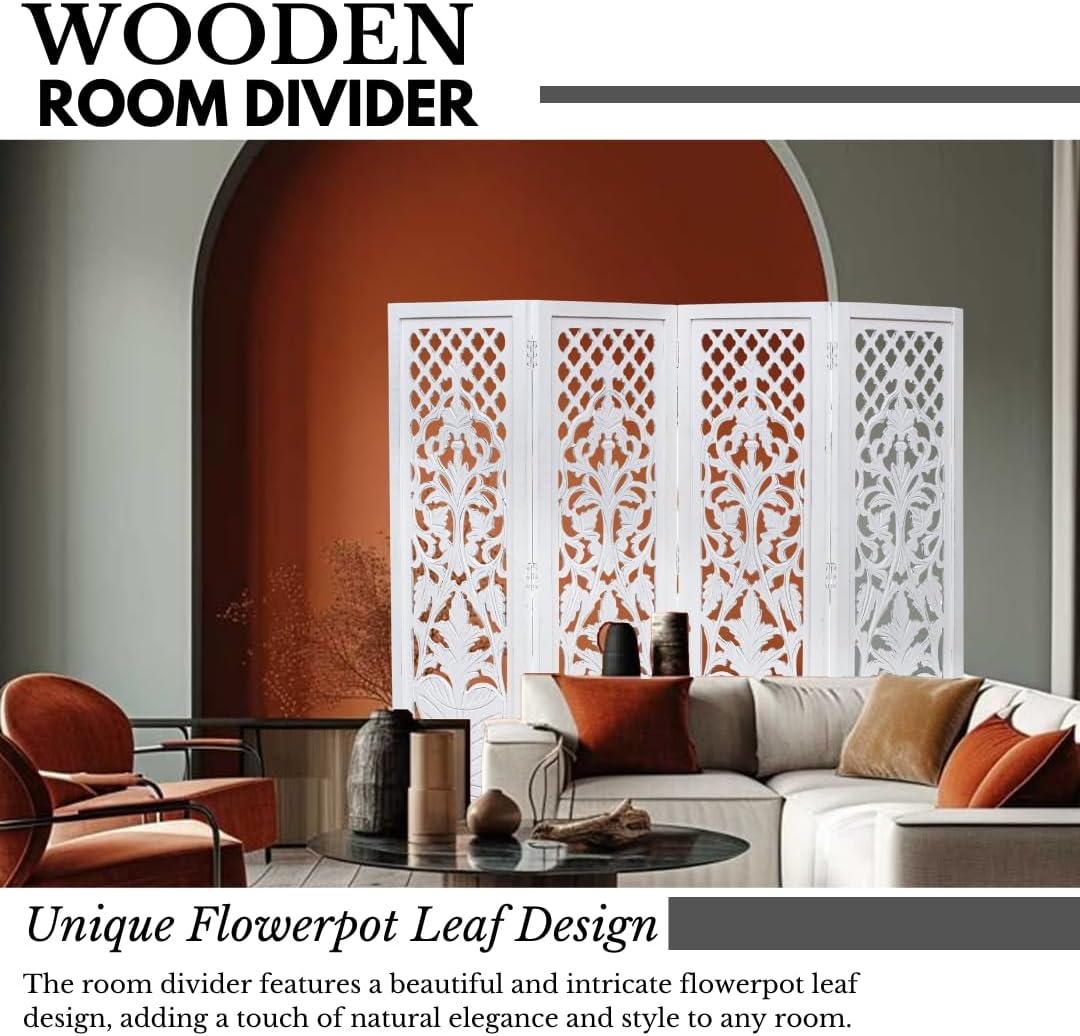 Room Divider Wood Screen Panel – White, 4-Panel Folding 64"x54", Hand-Carved, Reversible Privacy Partition, Decorative & Functional Portable Room Divider for Home or Office