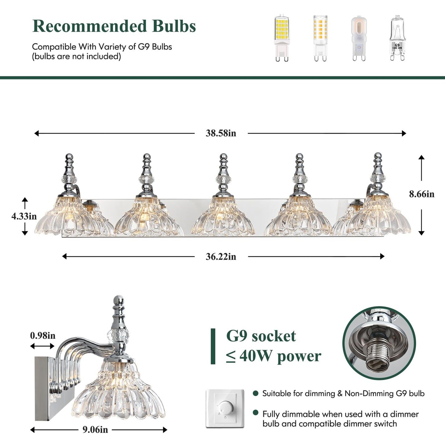 Lbsqj Vintage Bathroom Vanity Light  5-Light Chrome Vanity Lighting Fixture With Flower Glass Shade  Bathroom Lighting Fixtures Over Mirror