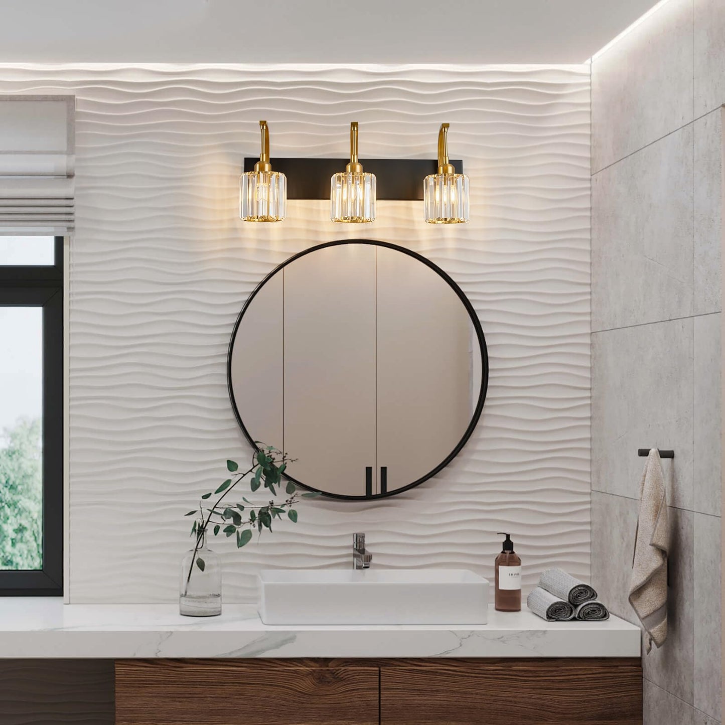 Fdpby 3-Light Crystal Vanity Light  Modern Black Gold Bathroom Wall Sconce With K9 Crystal Shades  23.62 Long Over Mirror Lighting For Vanity  Makeup  Hallway  Elegant & Durable