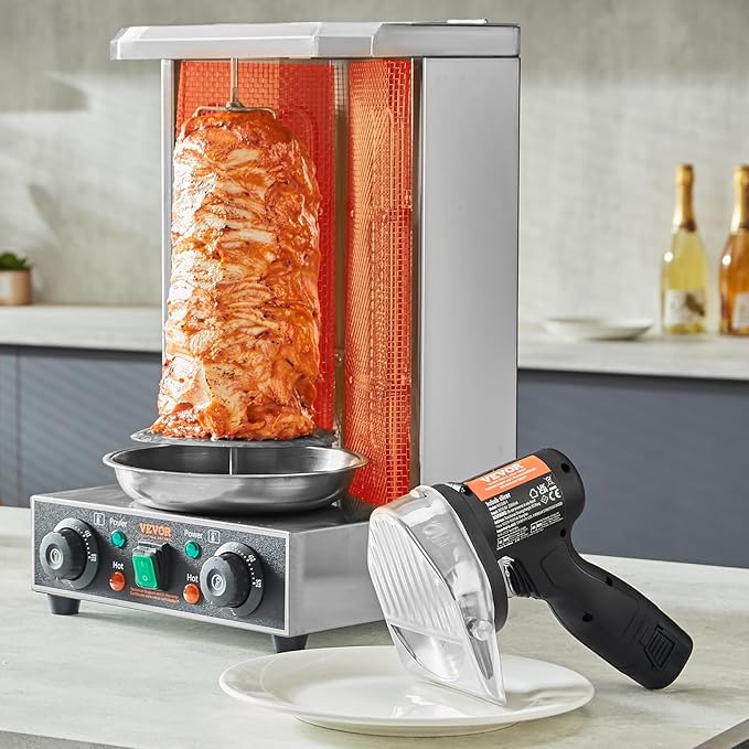 VEVOR Electric Shawarma Knife, Cordless Battery Professional Turkish Knife, Commercial Stainless Steel Gyro Cutter, Doner Kebab Meat Slicer with 2 Blades, Φ4/100mm, 0-8mm Adjustable Thickness