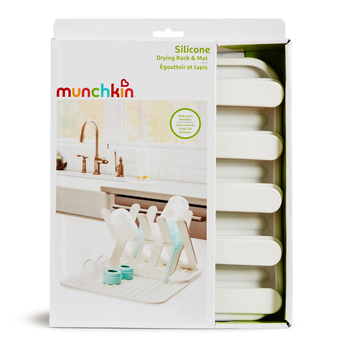 Munchkin Bottle Drying Rack and Mat, Holds 8 Bottles, Pump Parts, Pacifiers, & Accessories, Space Saving Folding Design, Home and Travel Use, Silicone, White