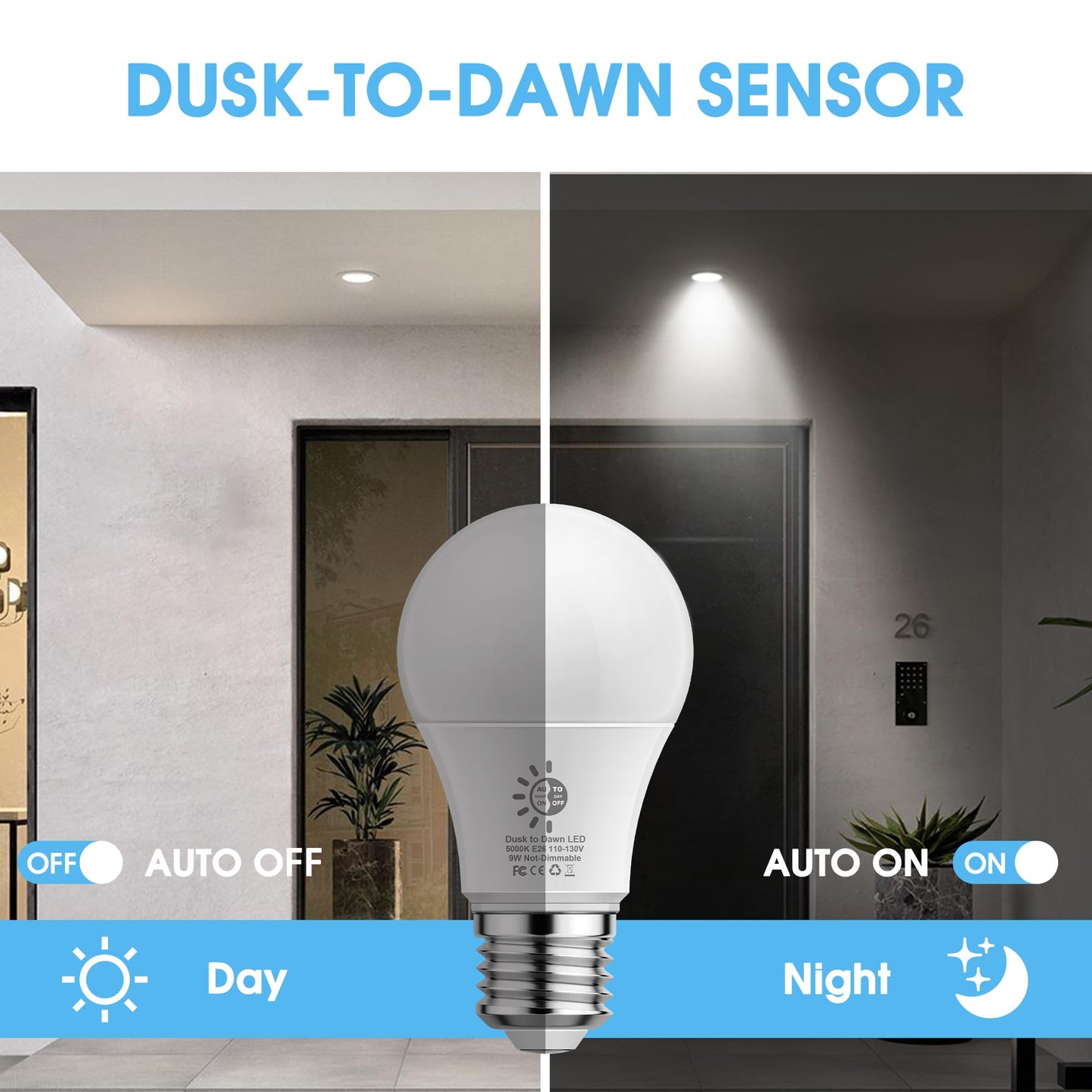 4 Pack Dusk To Dawn Light Bulbs Outdoor  9W(60W Equivalent) 5000K Daylight Bulb  800Lm A19 E26 Automatic On/Off Led Light Bulbs  Dusk To Dawn Led Sensor Photocell Lighting For Porch Garage Patio