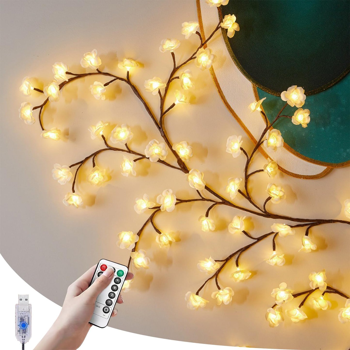 White Cherry Blossom Lights For Wall 3.94 Ft 48Leds Tree Branch Lights With Remote And 8 Lighting Modes Cherry Blossom Garland Vine Light For Bedroom Indoor Wall Wedding Christmas Decor