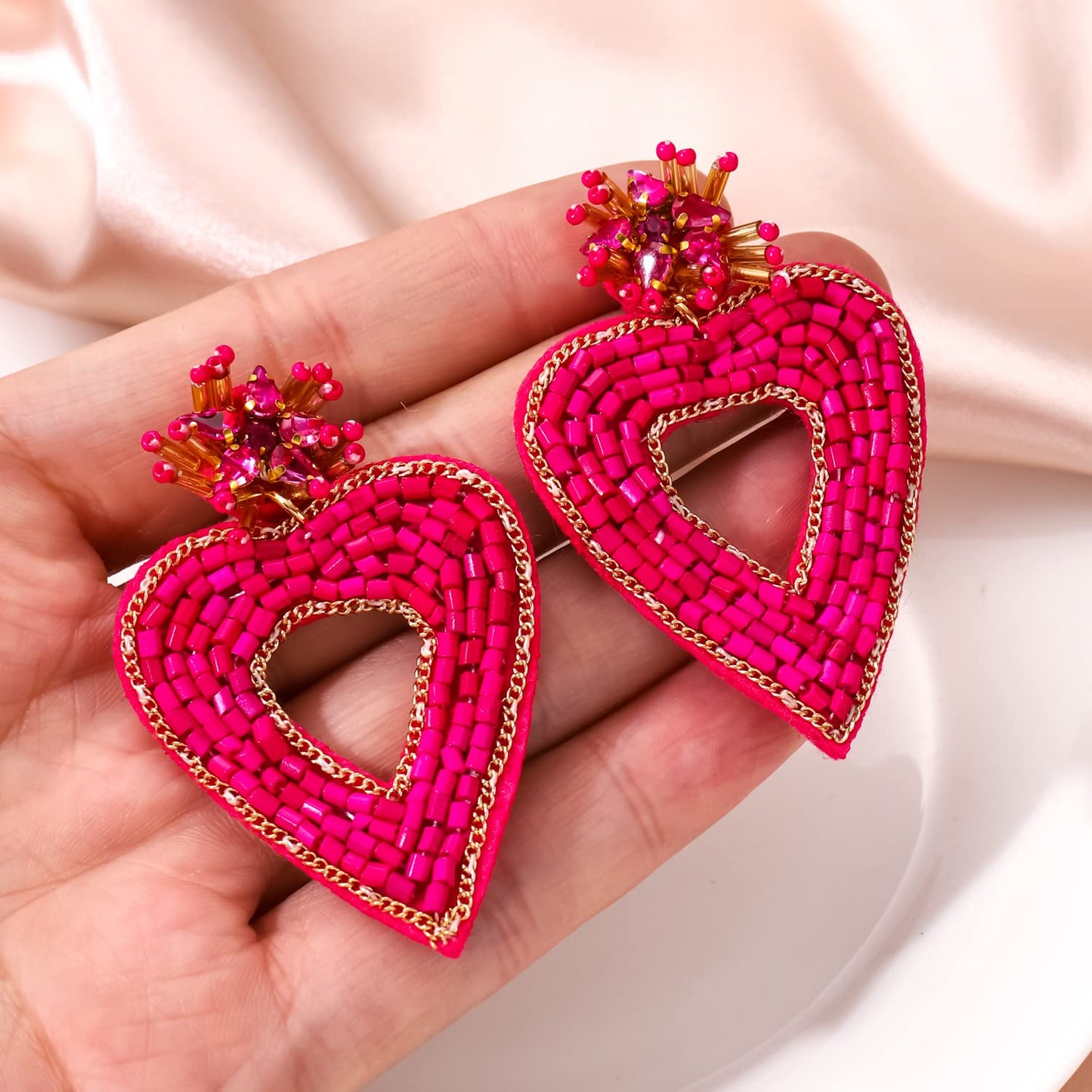 Heart Earrings for Women Valentines Day Earrings Beaded Heart Drop earrings Edged in gold beading Fashion Trendy Big Love Dangle