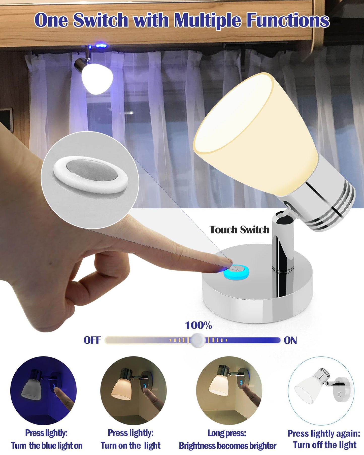 Thalassa Boat Reading Light 12V Interior Led Fixtures Rv Reading Lamp Wall Sconce For Marine Caravan Camper Van Motorhome Indoor Lighting With Built-In Touch Dimmer Switch