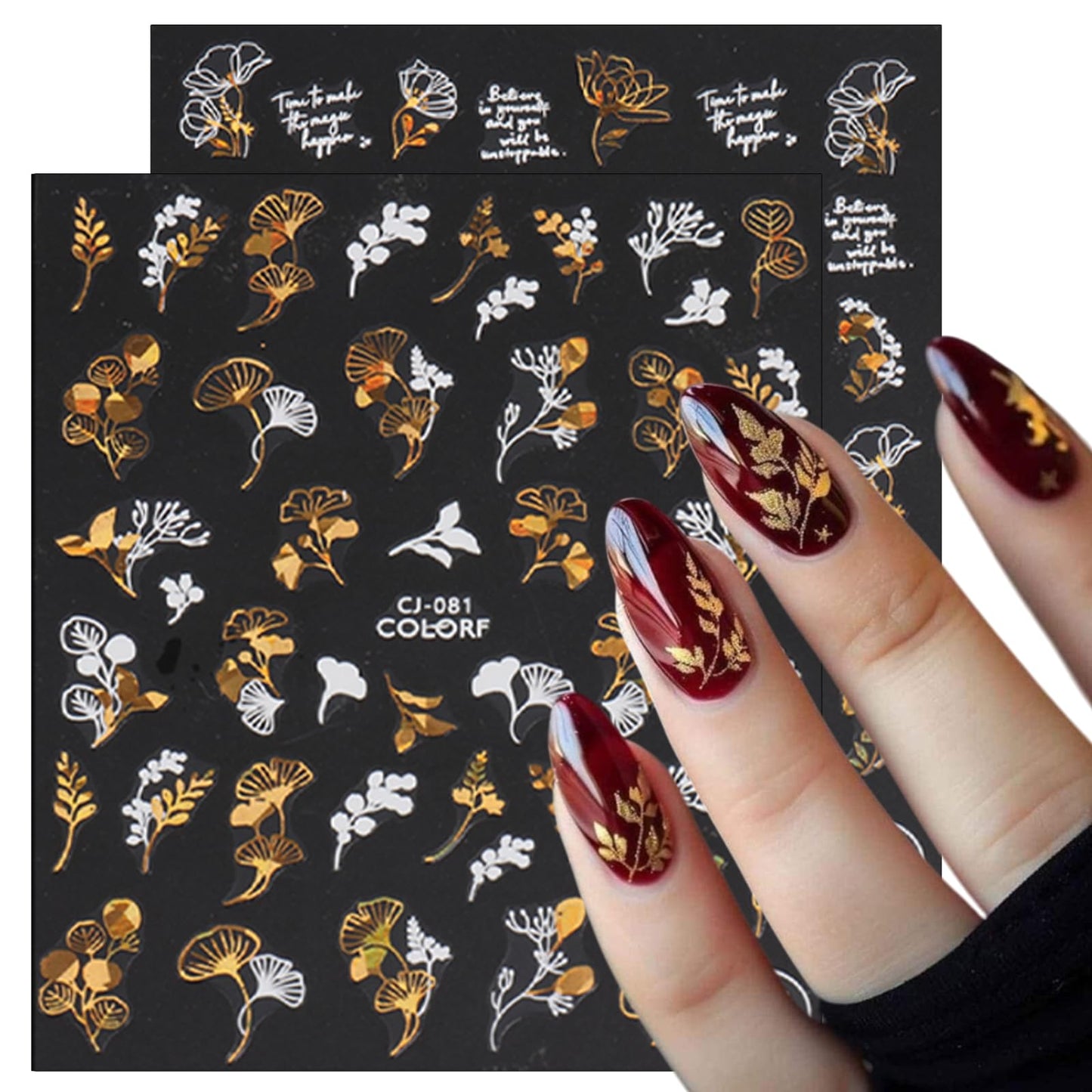 9 Sheets Bronzing Fall Nail Art Stickers 3D Glitter Metallic Maple Leaf Nail Stickers Autumn Laser White Gold Leaves Flower Nail