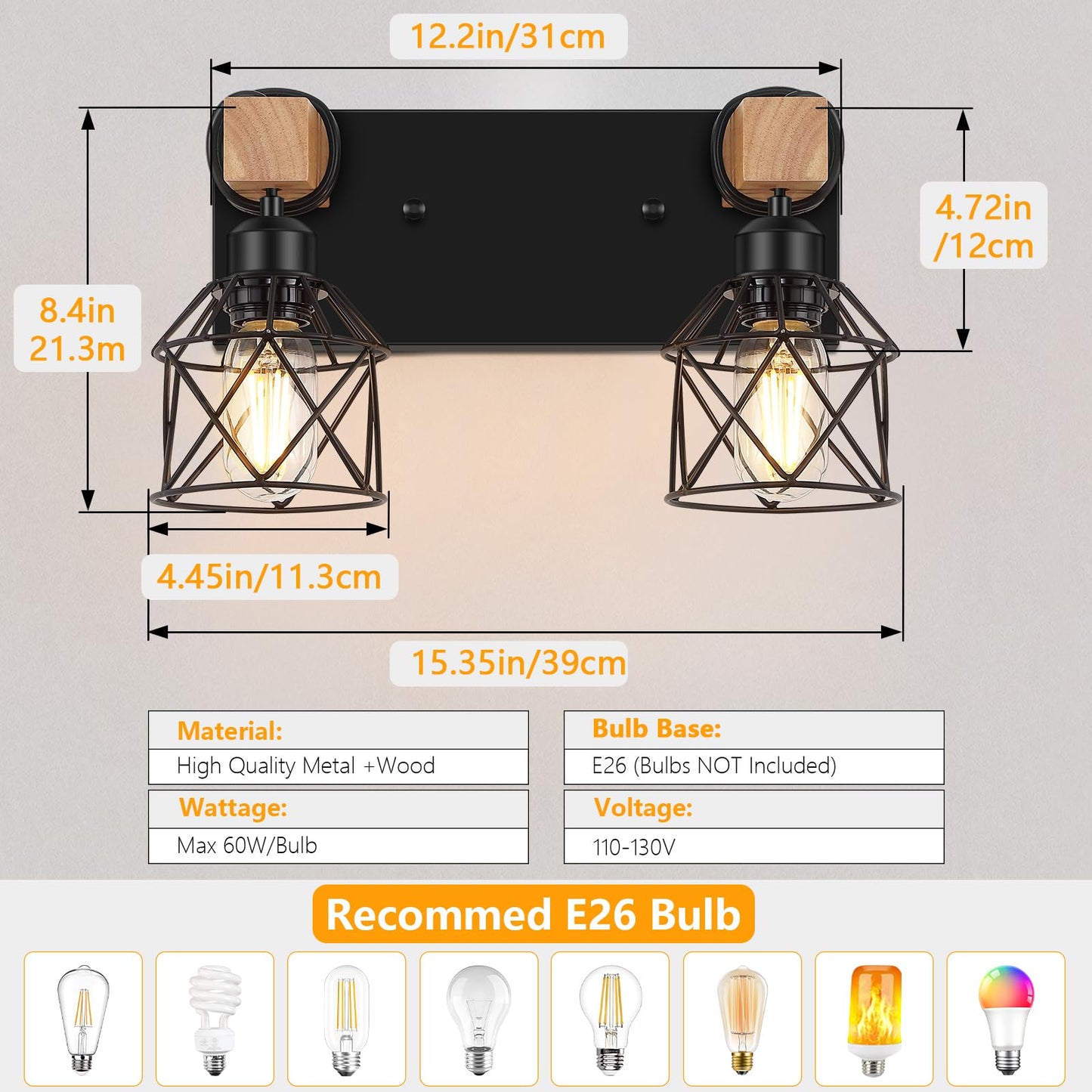 Fadimikoo 2-Light Farmhouse Bathroom Vanity Light Fixtures  Wood Bathroom Lighting Over Mirror  Black Rustic Sconces Wall Lighting With Metal Lampshade For Living Room  Bedroom  Hallway