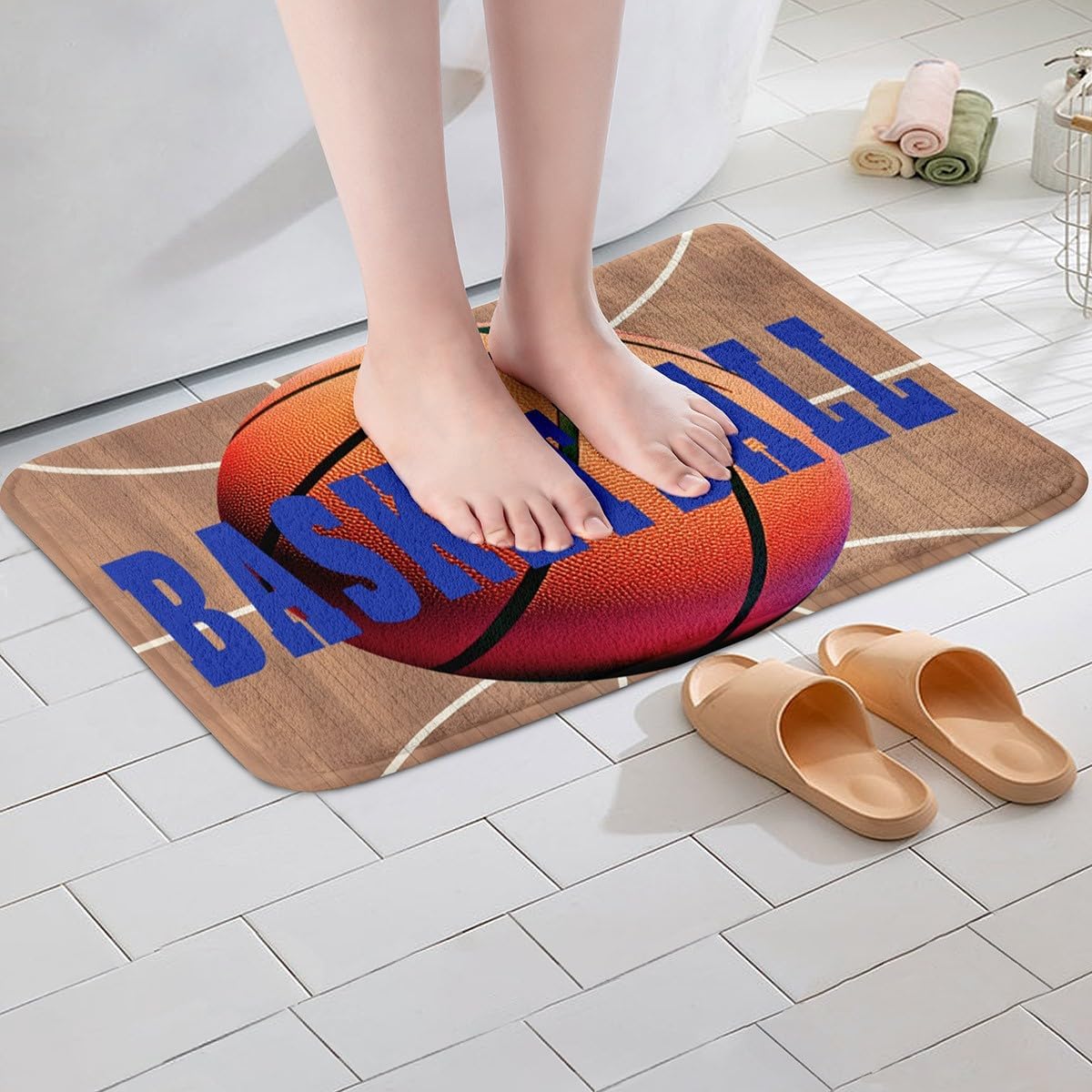 Feelyou Basketball Polyester Bath Rug Basketball Court Print Soft Fleece Door Carpet for Kids Boys Girls Orange Basketball Non Slip Bath Mat Ball Game Bathroom Floor Indoor Doormat,20x32 Inch