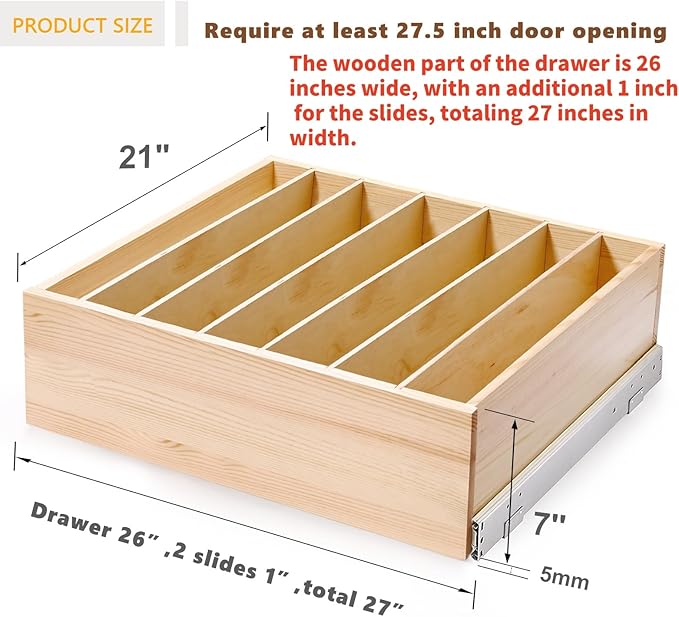 Pull Out Cabinet Organizer with Divider, 27''W×21''D×7''H Soft Close Wood Drawer for Kitchen Pantry, Finished, Heavy-Duty, Bottom Assembly (Wood Drawer Part Width is 26'')