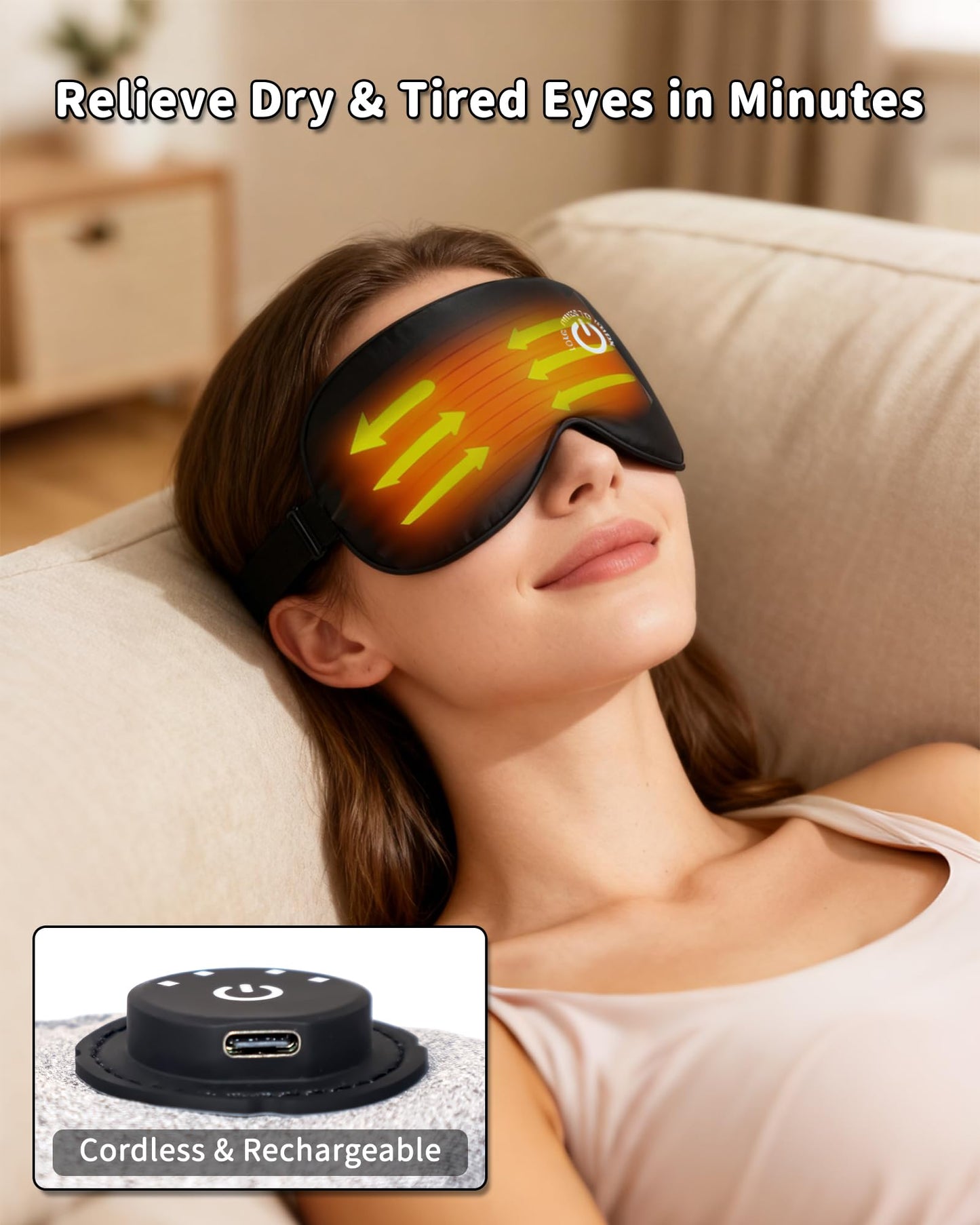 Heated Eye Mask FSA- HSA Eligible Cordless Pure Mulberry Silk Eye Mask for Dry Eyes Relief with 3 Adjustable Heat Settings,1500mAh Rechargeable & Washable Eye Cover for Travel Sleep Therapy
