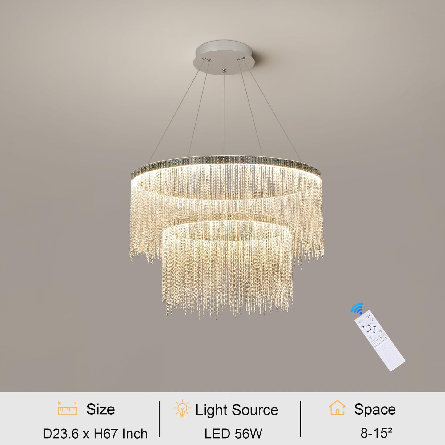 Puvaue Aluminum Ring Chandelier, LED Hanging Light Fixture, D23.6 Inch, Silver, Remote Control for Dining Room, Living Room, Bedroom