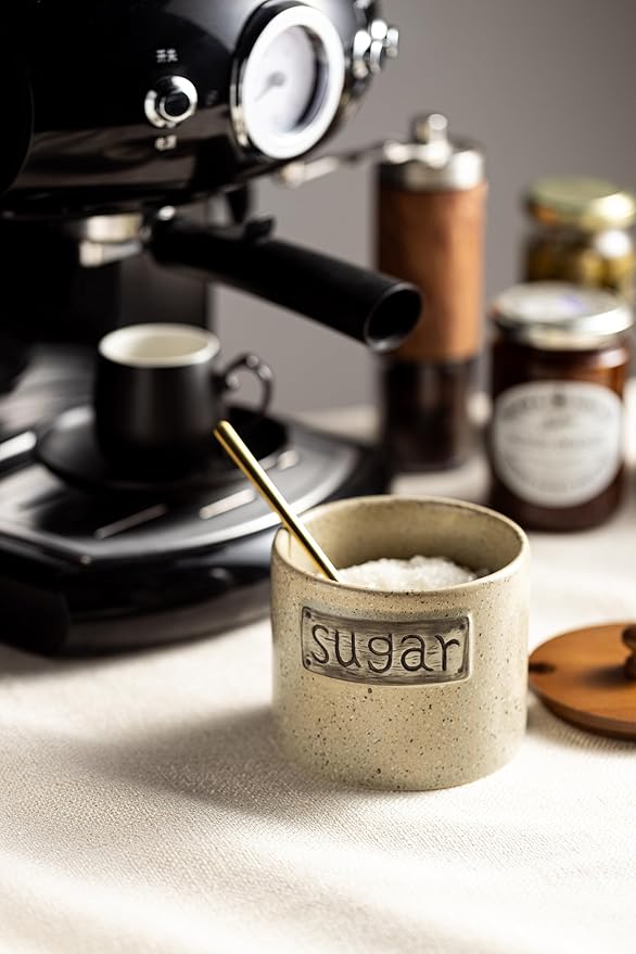 LYEOBOH 15OZ Sugar Bowl, Sugar Dish, Rustic Sugar Container with Wood Lid and Spoon for Coffee Bar, Dishwasher Safe, Stainless Steel Spoon - Farmhouse Kitchen Decor Housewarming Gift, Beige