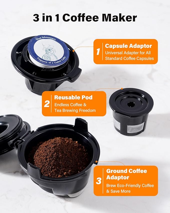 SHARDOR 3 in 1 K Cup Coffee Maker, Single Serve Coffee Maker for K Cup Pods & Ground Coffee & Teas, 6 to 14oz Brew Sizes, 40oz Detachable Water Reservoir, Compact Design, White