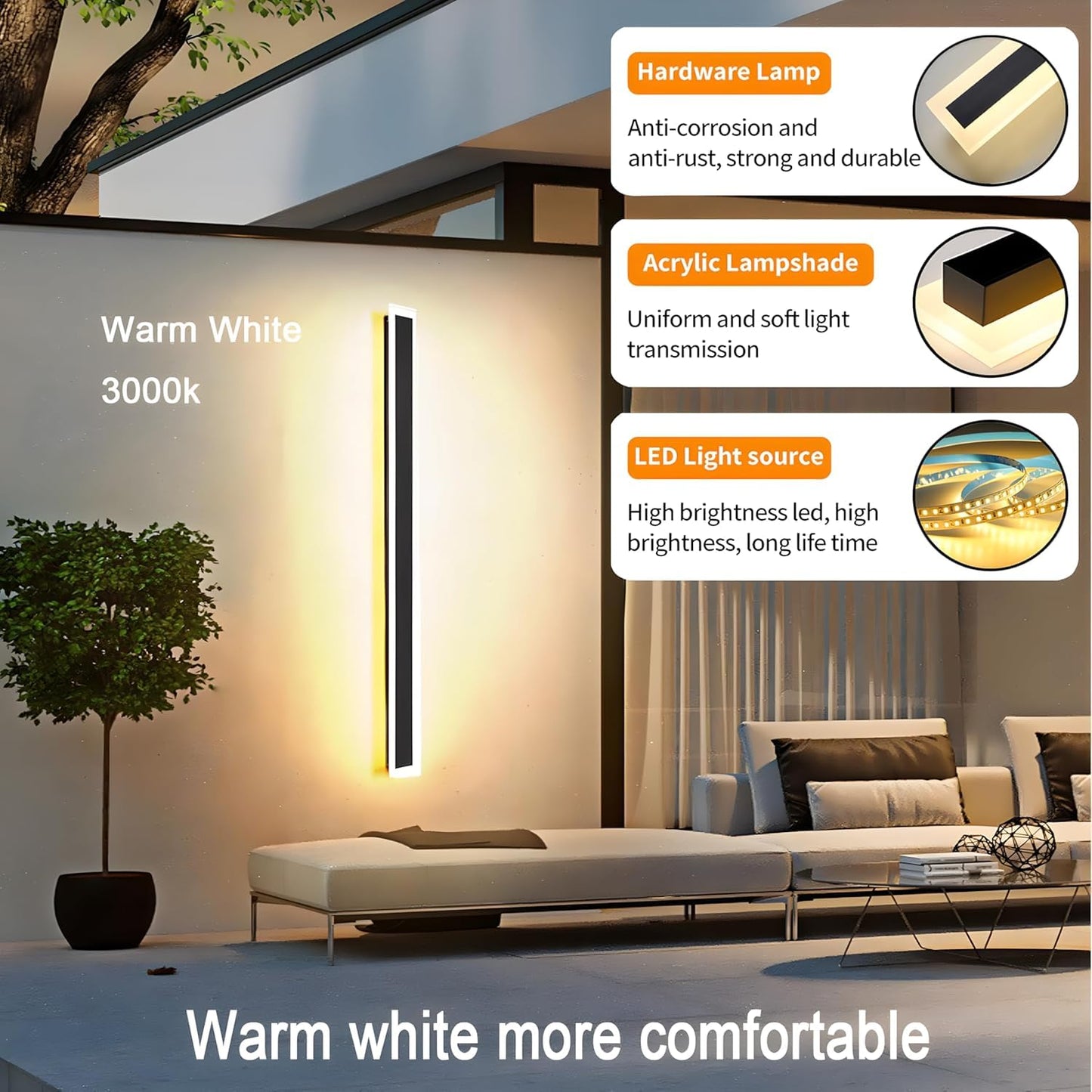 2Pack 47.2Inch Long Outdoor Modern Led Wall Light 38W Waterproof Ip65 Warm White 110V Led Wall Mount Lighting Fixture Rectangular Black Wall Lights Elegant Frosted White Acrylic Anti Rust.