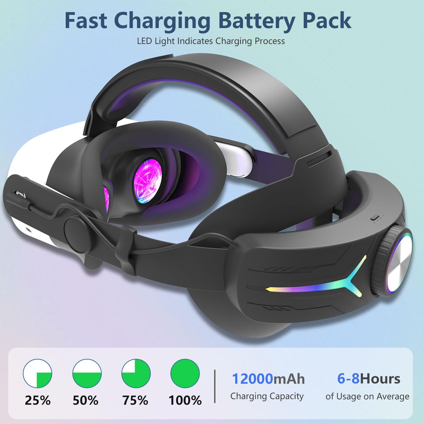 12000mAh Fast-Charging Battery Head Strap for Meta Quest 3/3S – Extends 6-8 Hours Playtime, RGB Lighting & Comfortable Fit – Elite Replacement Strap with Balanced Weight_Black