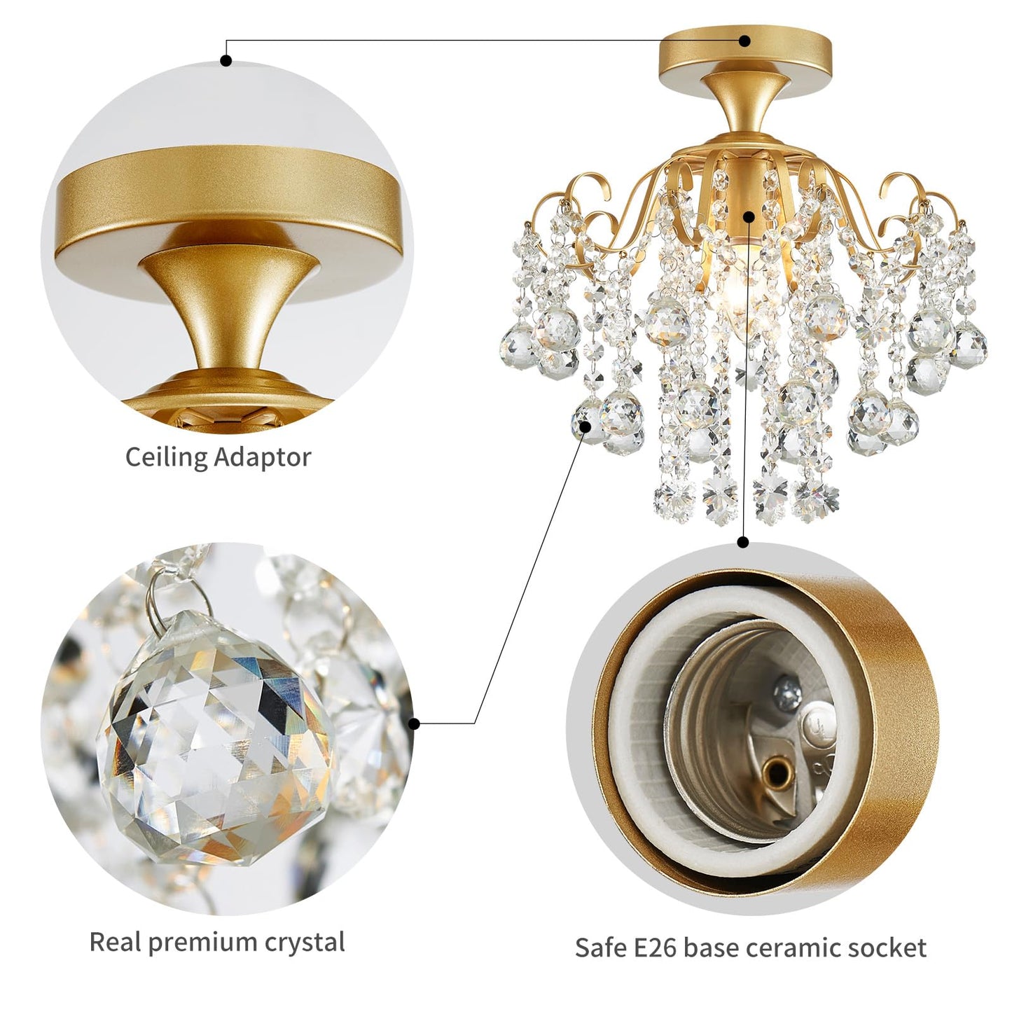Wuzups Crystal Chandelier Flushmount Ceiling Light Modern Lighting Fixture For Bedroom Hallway Bar Kitchen Bathroom  H 13.4 X W 12.6  E26 Base  Gold