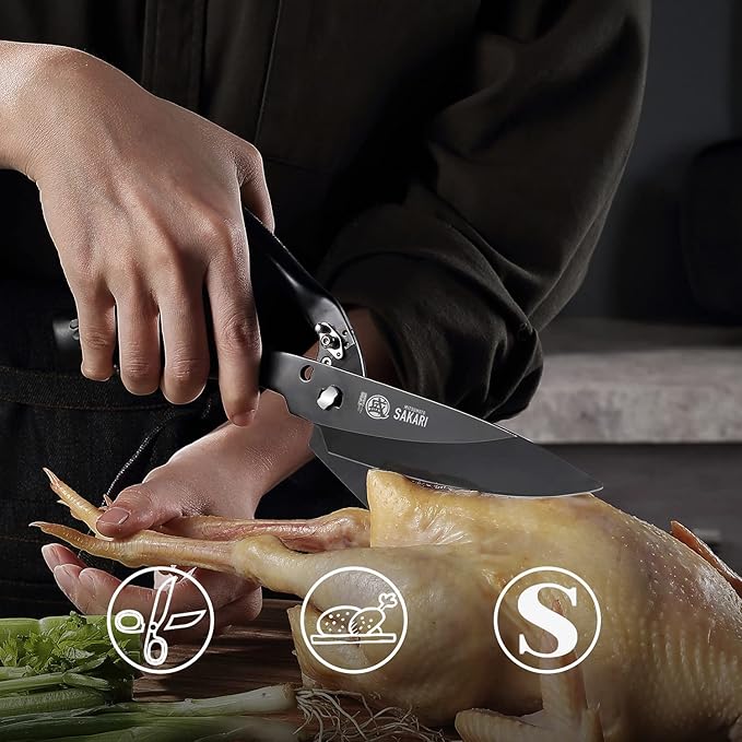 MITSUMOTO SAKARI 10 inch Japanese Kitchen Scissorss, Black Titanium Plating Kitchen Shears Heavy Duty, Multipurpose Alloy Steel Poultry Shears for Chicken, Meat, Bone & Fish