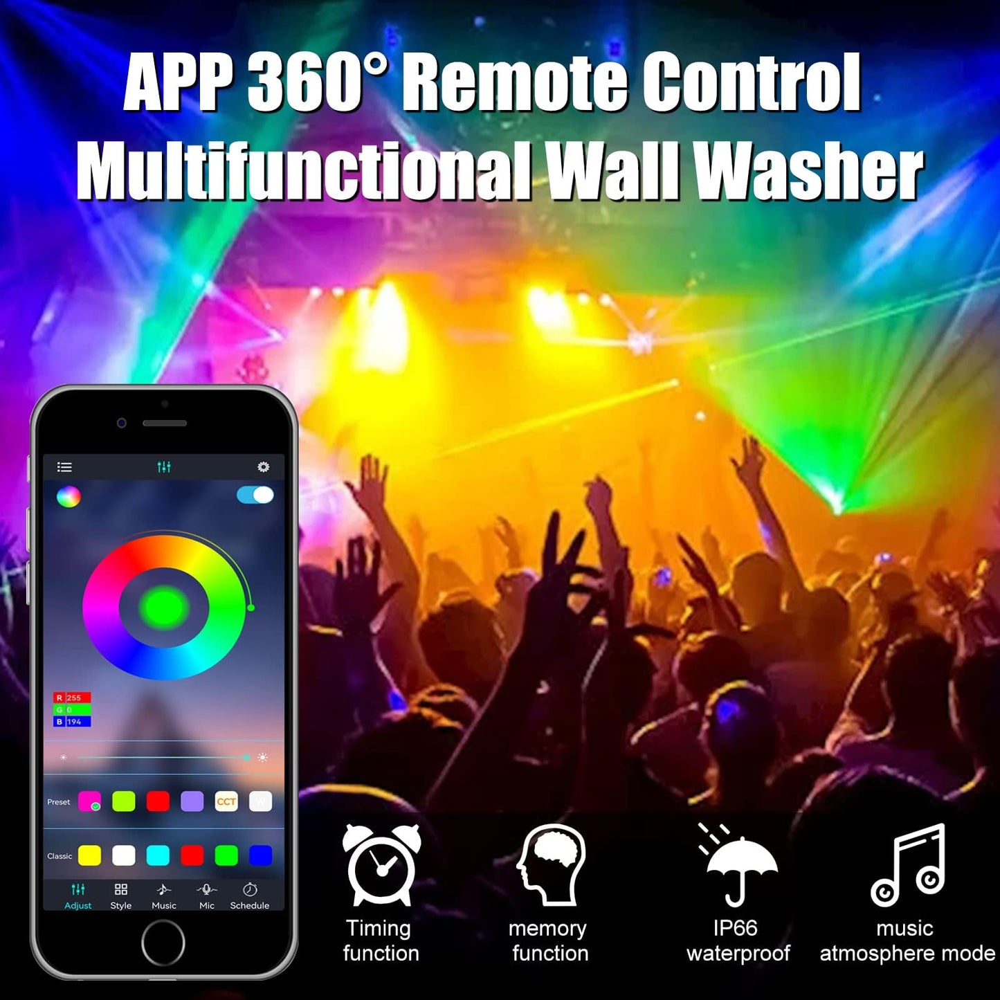 CREATESTAR RGB LED Wall Washer Light, IP66 Waterproof, 48W, Remote Control, Black, Model RGB-1