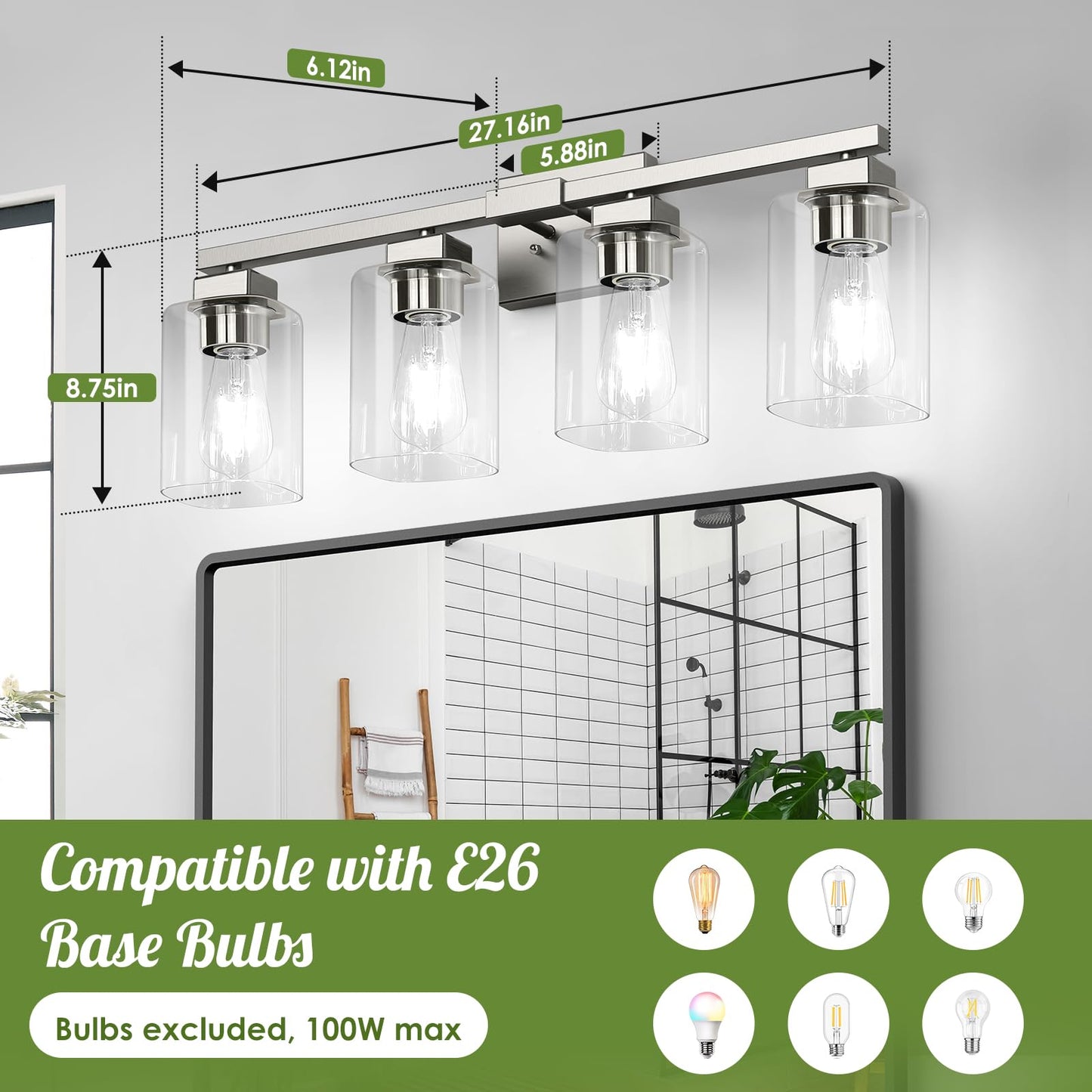 BesLowe 27" 4-Light Bathroom Light Fixture, Modern Brushed Nickel Bathroom Vanity Light, Bathroom Lighting Fixtures Over Mirror, Matte Nickel Bathrom Wall Lamp, Wall Lights for Living Room Bedroom