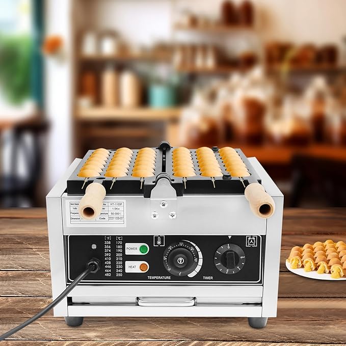 Waffle Making Machine, Mini Egg-Shaped Bubble Waffle Maker Commercial, 6-Skewer Capacity with Adjustable Timer & Temperature Control, for Home Kitchen Restaurant Use, Silver