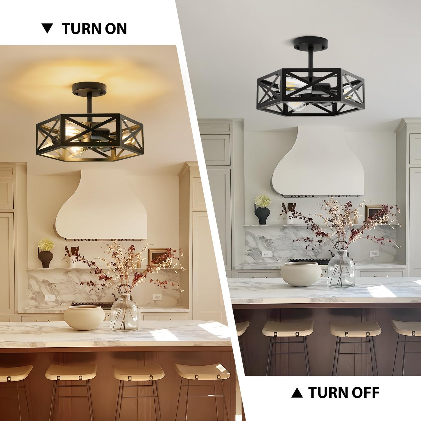 Oteedo Modern Semi Flush Mount Ceiling Light 3-Light Hexagon Flush Mount Ceiling Lights For Dining Room Light Fixture Farmhouse Black Metal Kitchen Island Lighting Fixtures For Hallway Bathroom