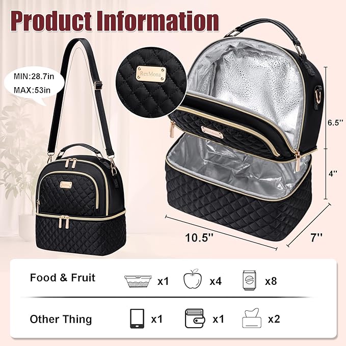 Lunch Bag for Women,Double Decker Lunch Box for Womens, Insulated Lunchbag Leakproof Lunch Tote Lunch Cooler Bag for Women Men,Lunchbox with Adjustable Strap for Work Picnic Beach