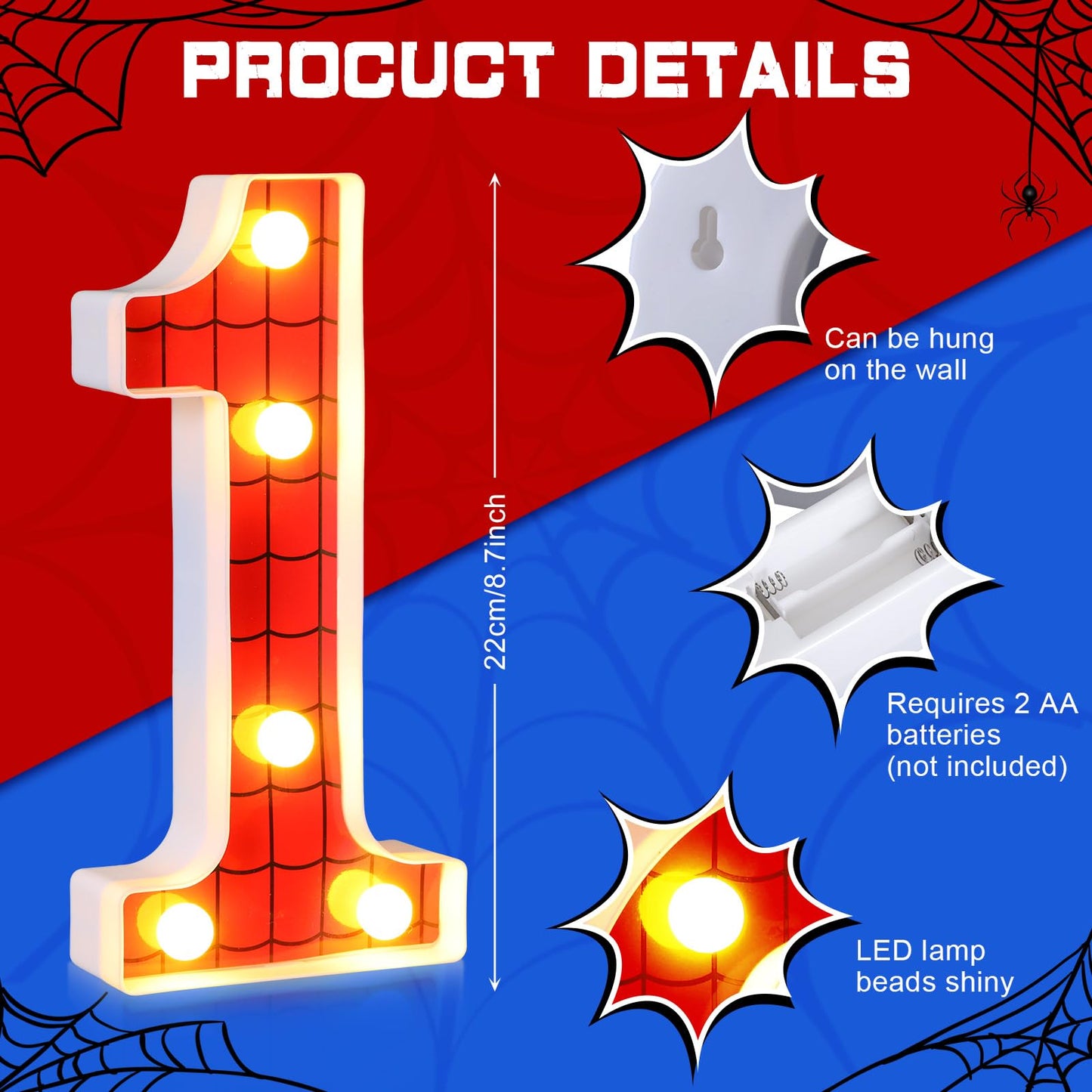 Vihose Spider Led Number Lights Spider Birthday Party Decoration Light Up Numbers Kids Boy Man Birthday Supplies For Marquee Night Christmas Gift Baby Shower(Number 1)