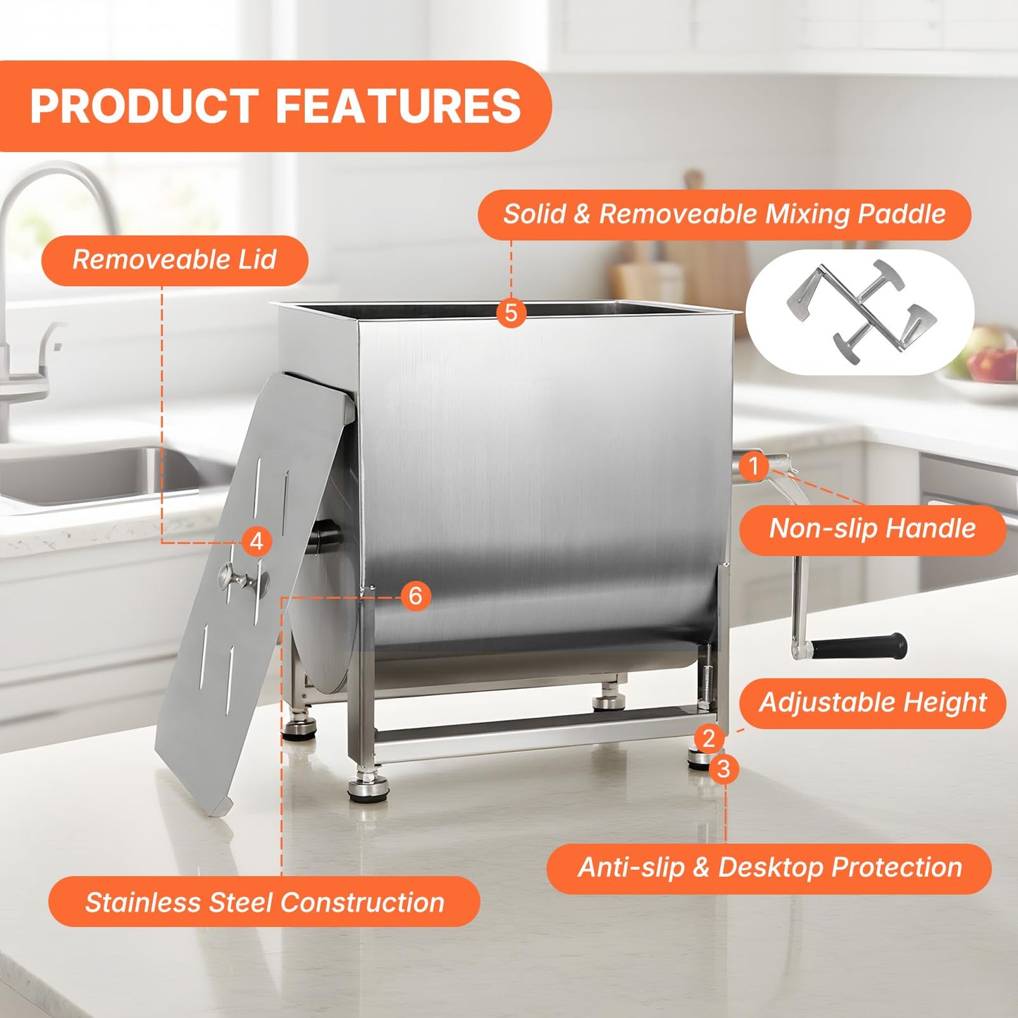 Hakka Manual Meat Mixer 45lb/22.5L, Fixed Tank 30L Stainless Steel Updated Commerial Food Mixer for Meat and Seasonings, Sausage, Burger, Patty