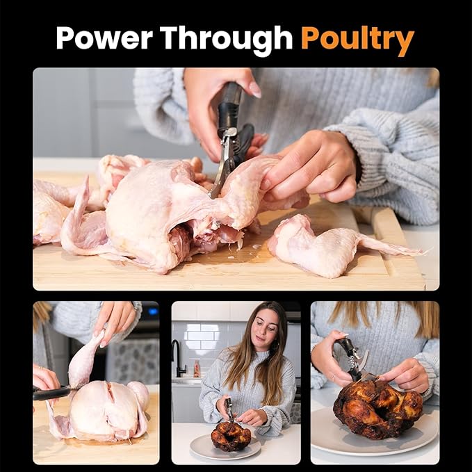 Poultry Shears, Kitchen Shears Heavy Duty for Food With Anti-Slip Handle & Safety Lock, Meat Scissors, Chicken, Lobster, Quail, Fish, Food Cutting Scissors, Bone Cutter - Spring Loaded