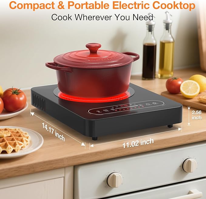 Electric Cooktop, Portable Electric Stove with LED Touch Control 8 Power Level, 1800W Induction Burner Hot Plate with Child Safety Lock, Timer and Overheat protection for Home Camping