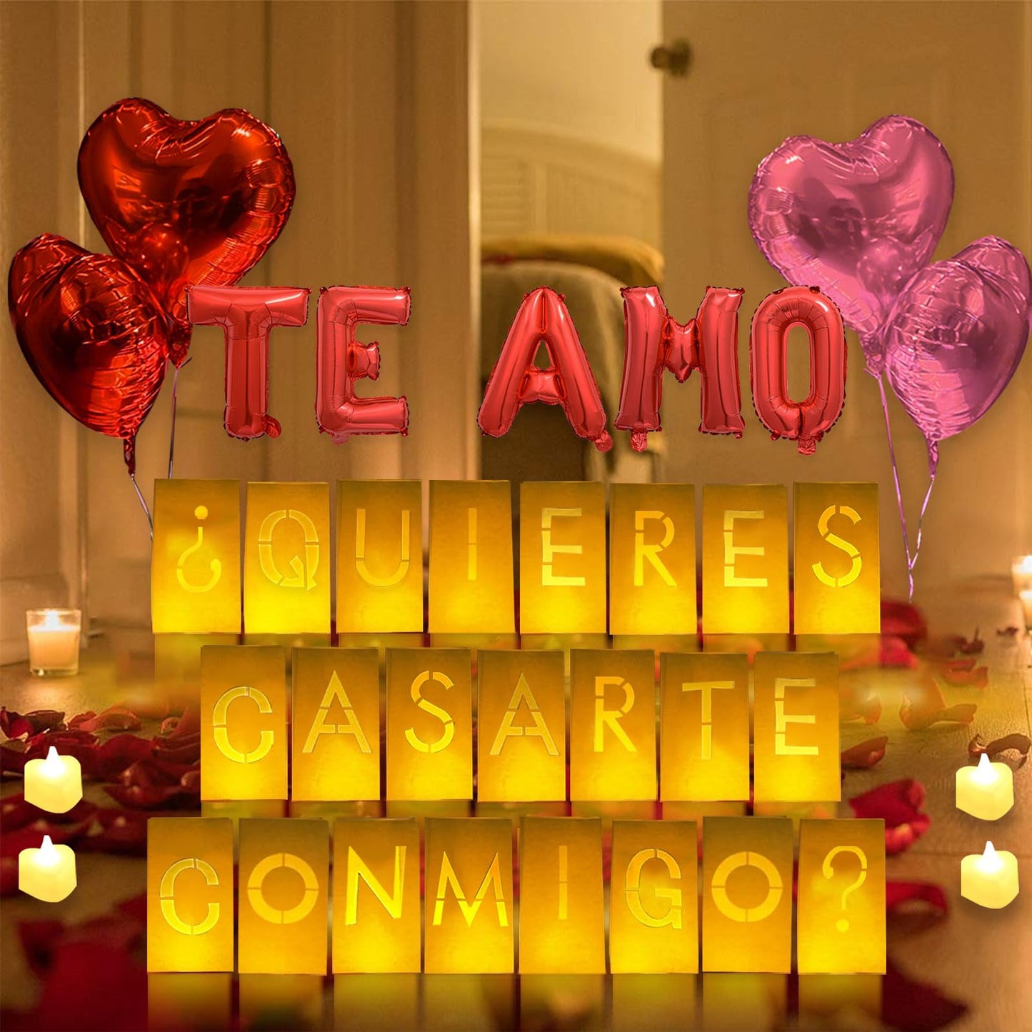 Quieres Casarte Conmigo? Lighted Letters Sign 17Pcs Luminary Paper Bags 2200Pcs Red Pink Artificial Rose Petals 48Pcs Flameless Led Candle Tealight 15Pcs Heart Balloons Romantic Night ValentineS Day